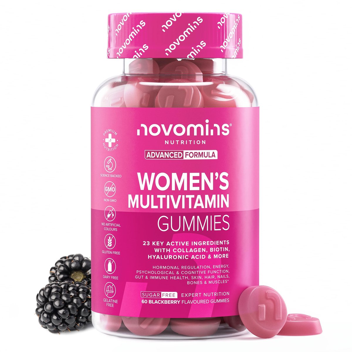 Multivitamine voor Vrouwen - 23 Actieve Ingrediënten met Marien Collageen - 60 Gummies - Suikervrij - Halal - Novomins
