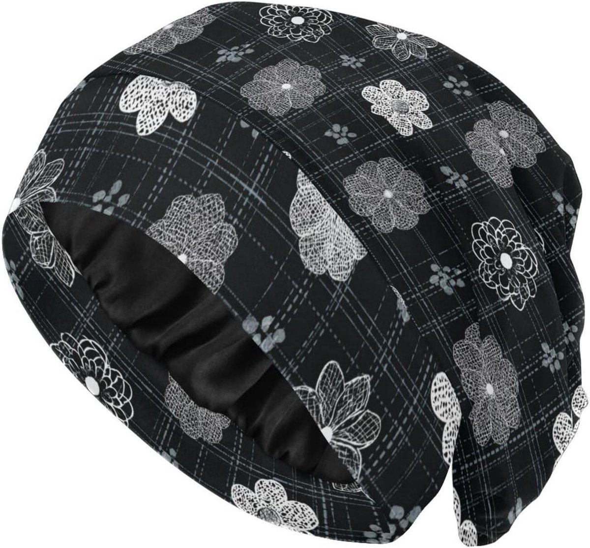 Satijnen Slaapmuts - Haarmuts Vlechten - Bescherming Haar - Dubbellaags Ontwerp - One Size - Zwart Plaid