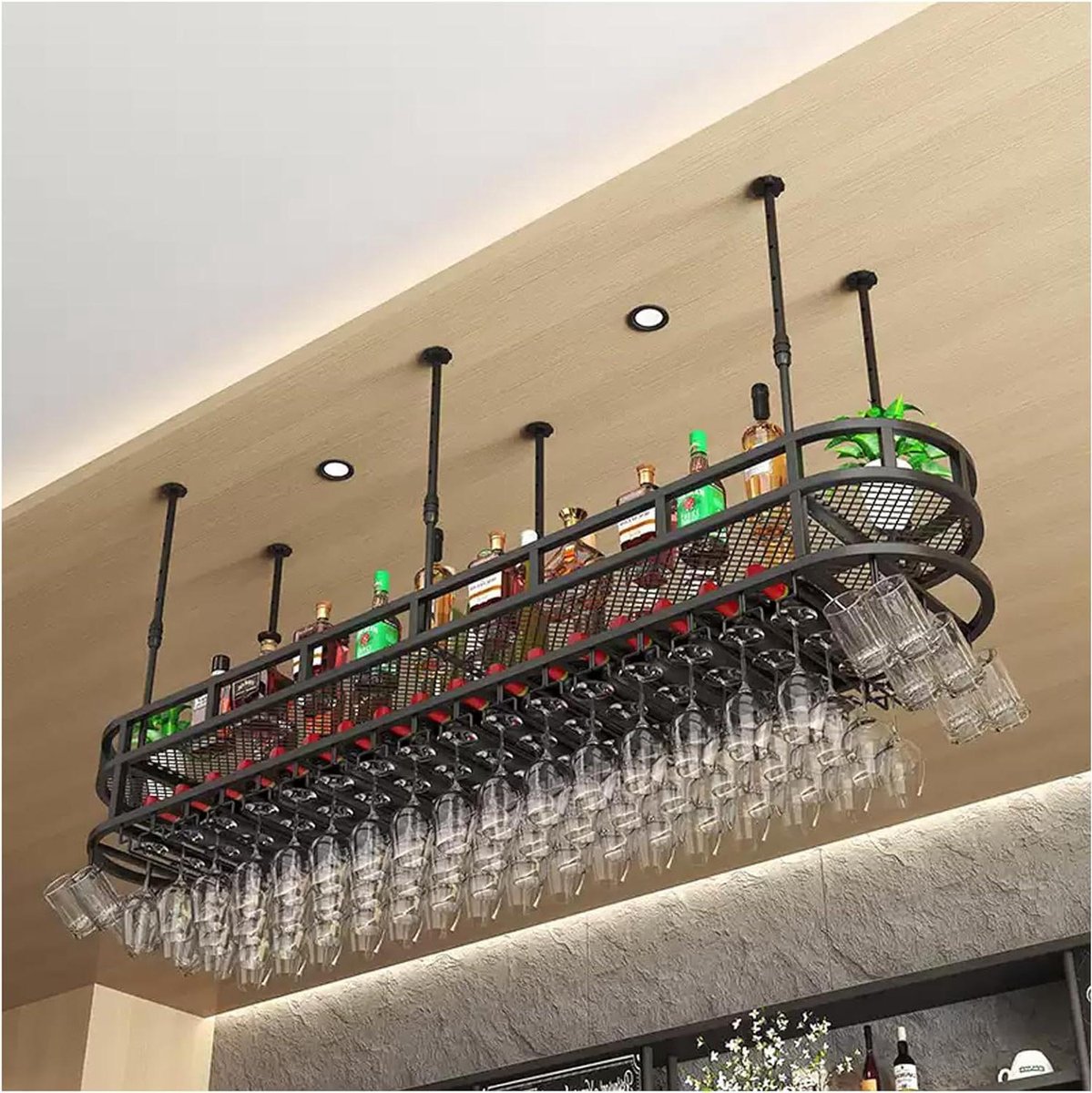Wijnrek Plafond - Hangend Flessenrek - Wijn Opslag - Verstelbare Hoogte - 80X35cm - Zwart