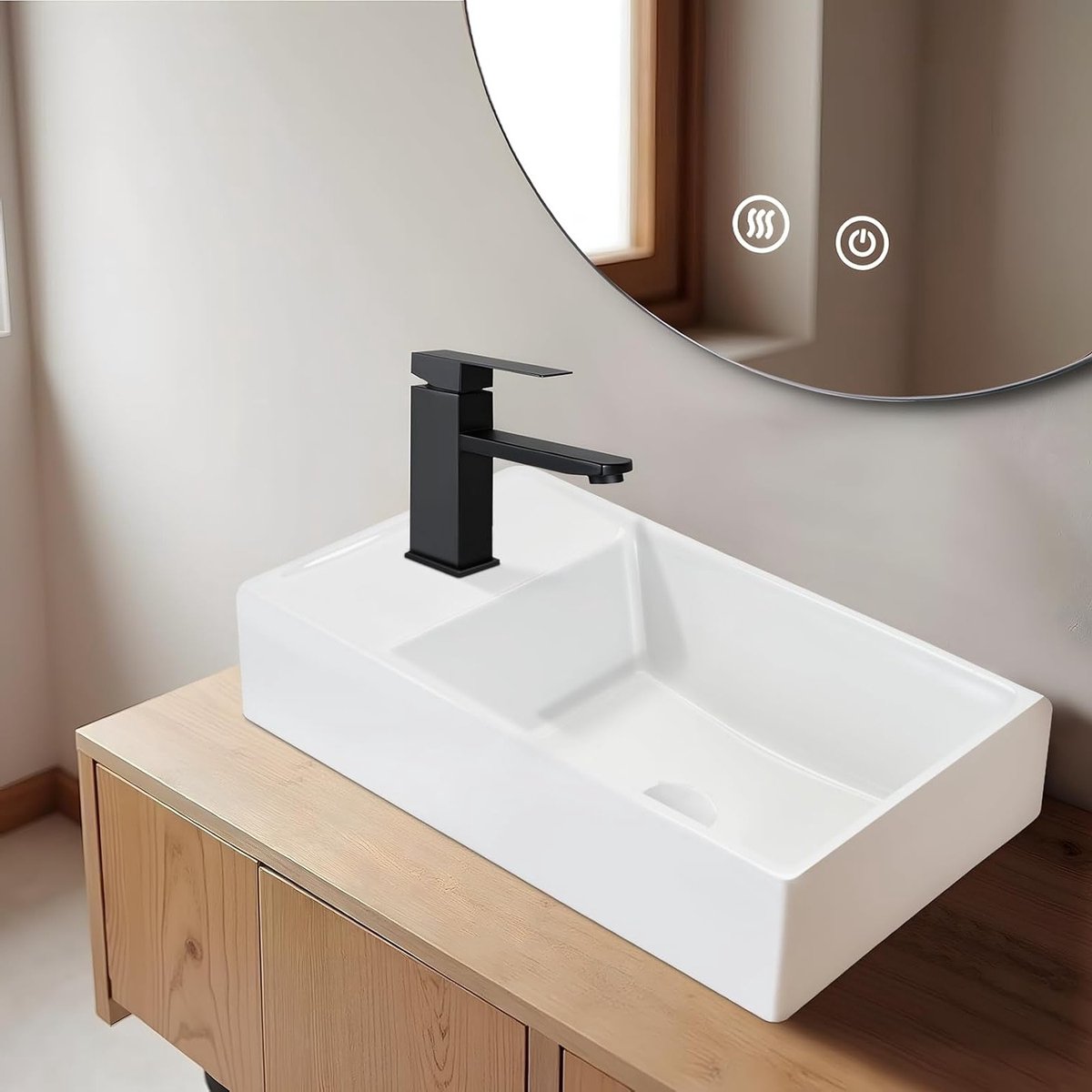 Elegante Witte Keramische Wasbak voor Badkamer - Klein Eckig Aufsatzbecken met Hahnloch, Perfect voor Gastentoilet 40x22x10cm