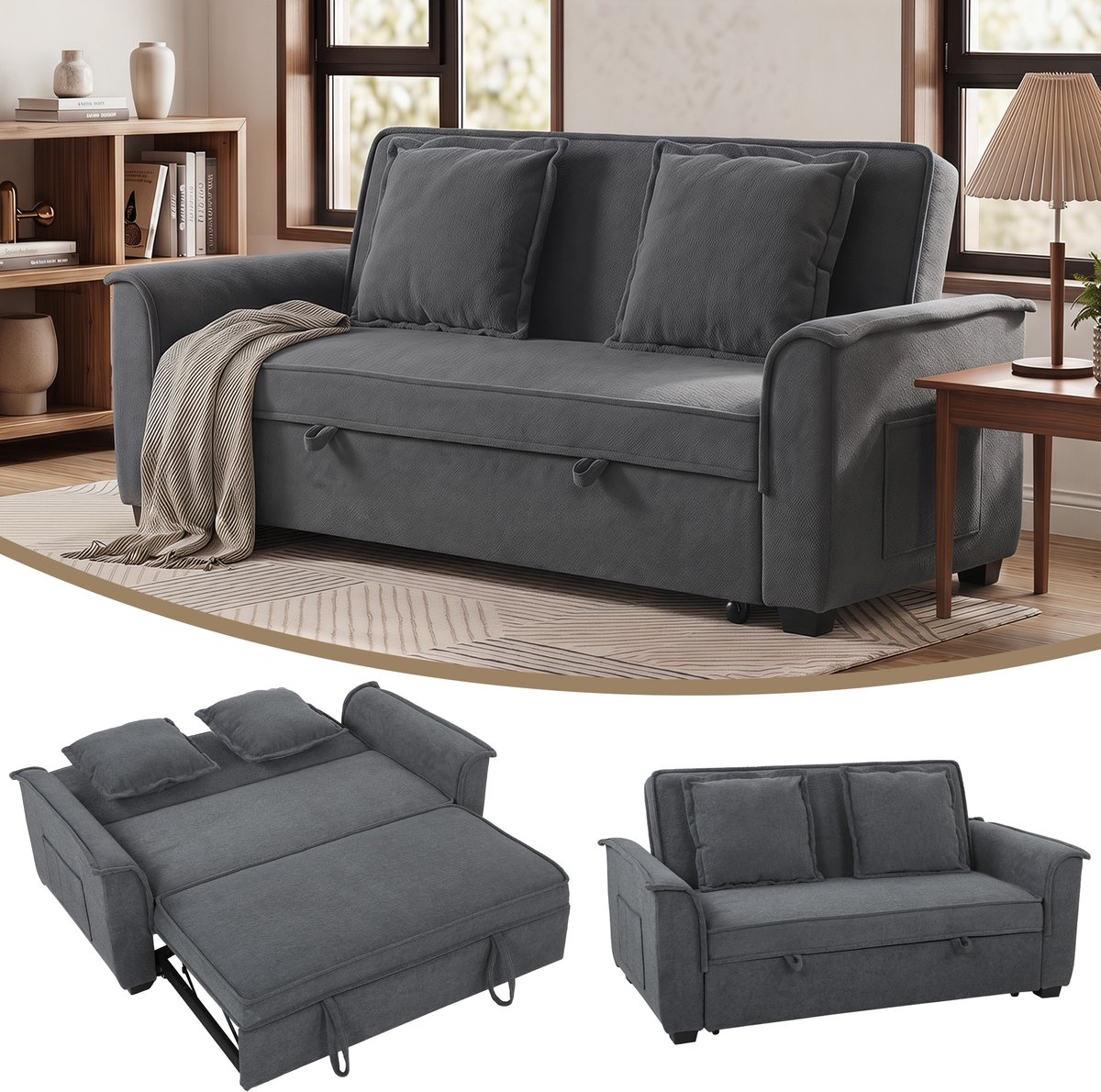 HOMCOM Sofa Bed-Polyester-168L x 85B x 86H cm-Dunkelgrau