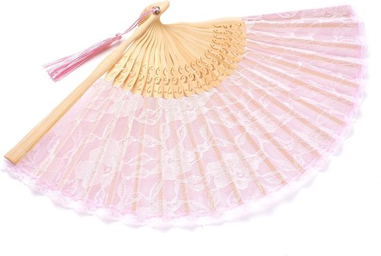 Roze Kanten Opklapbare Handwaaier (22cm) – Elegante Victoriaanse Stijl Waaier met Bamboe Spaken en Kwast, voor Bruiloften en Feesten
