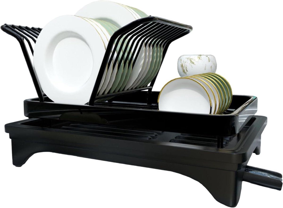 Bordenrek Keuken - Vaatdroger Organizer - Keuken Opbergen - Slimme Waterafvoer - 42x29x14 cm - Zwart