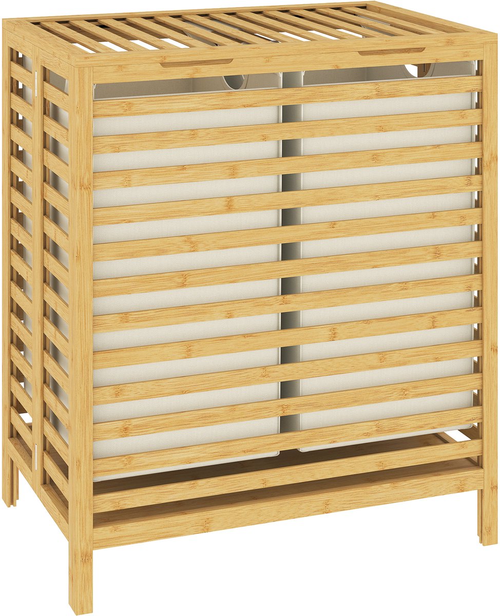 HOMCOM Wasmand-Bamboe, Polyester-55L x 36B x 64,2H cm-Natuurlijk hout + Crèmewit