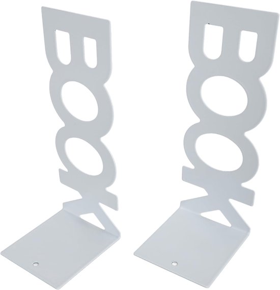 Set van twee witte metalen "BOOK" boekensteunen, schuin geplaatst.
