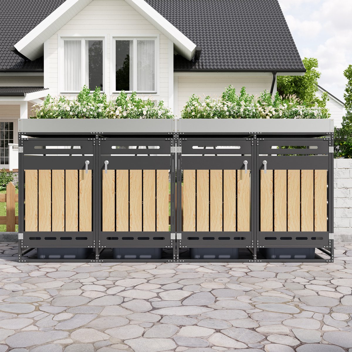 Re-purelife® 4-delige containerombouw met plantenbak 262×79×120 cm - zwart ijzer - 4 vakken afvalscheiding - afsluitbare vuilnisbakberging met ventilatie en houtlook panelen