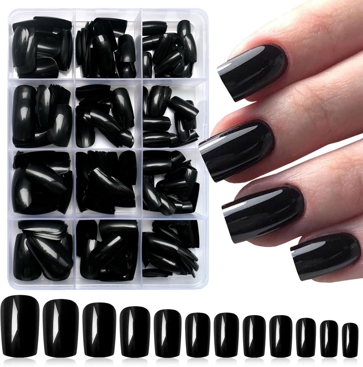 Dailygoods - Set van 240 Zwarte Press-on Nagels met Vierkante Tips