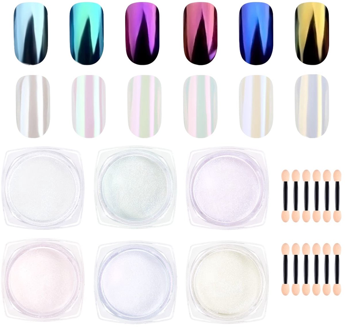 Dailygoods - 6 Jar Nail Art Chrome Poeder Set met Oogschaduwstokjes