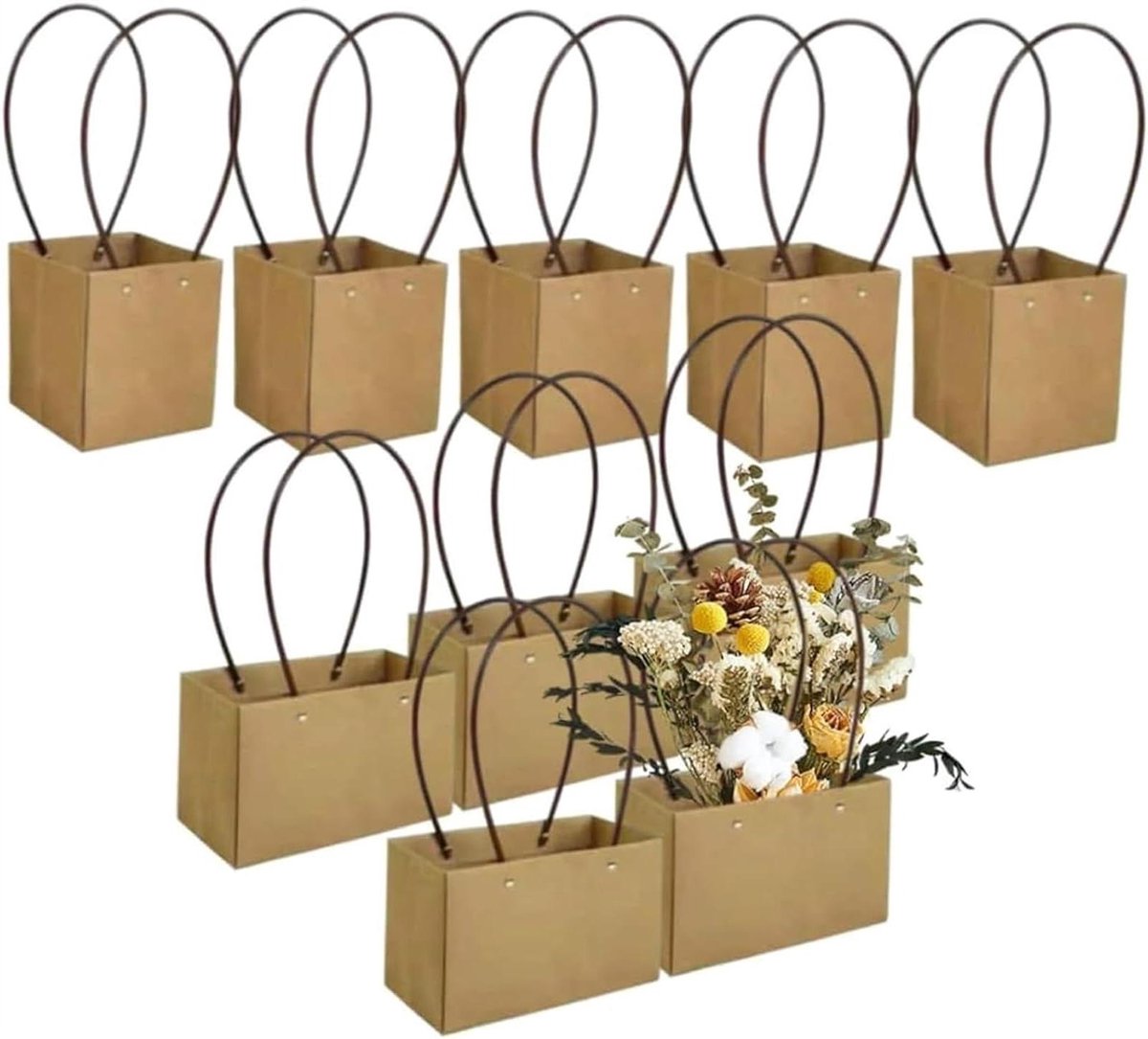 Kraft Cadeauzakjes - Papieren Draagtassen - Boeketten Presenteren - Versterkte Handgrepen - 10 Stuks - Bruin