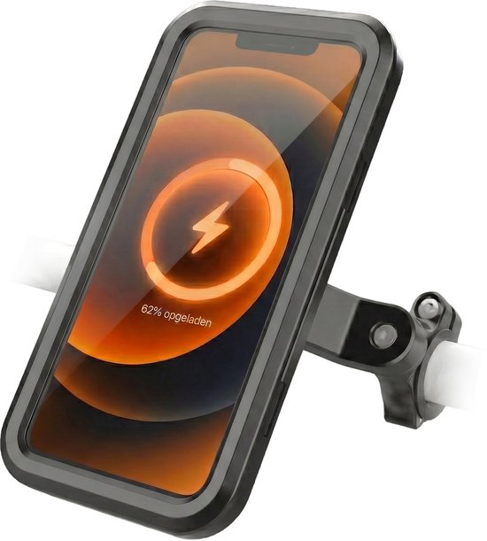 Zwarte telefoonhouder met een iPhone die draadloos oplaadt, 62% opgeladen.