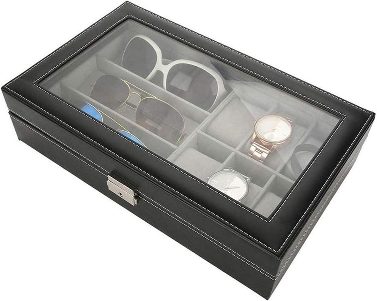 Opbergdoos Horloges - Sieraden Display - Collectie Organiseren - Transparante Deksel - 33x20x8 cm - Zwart
