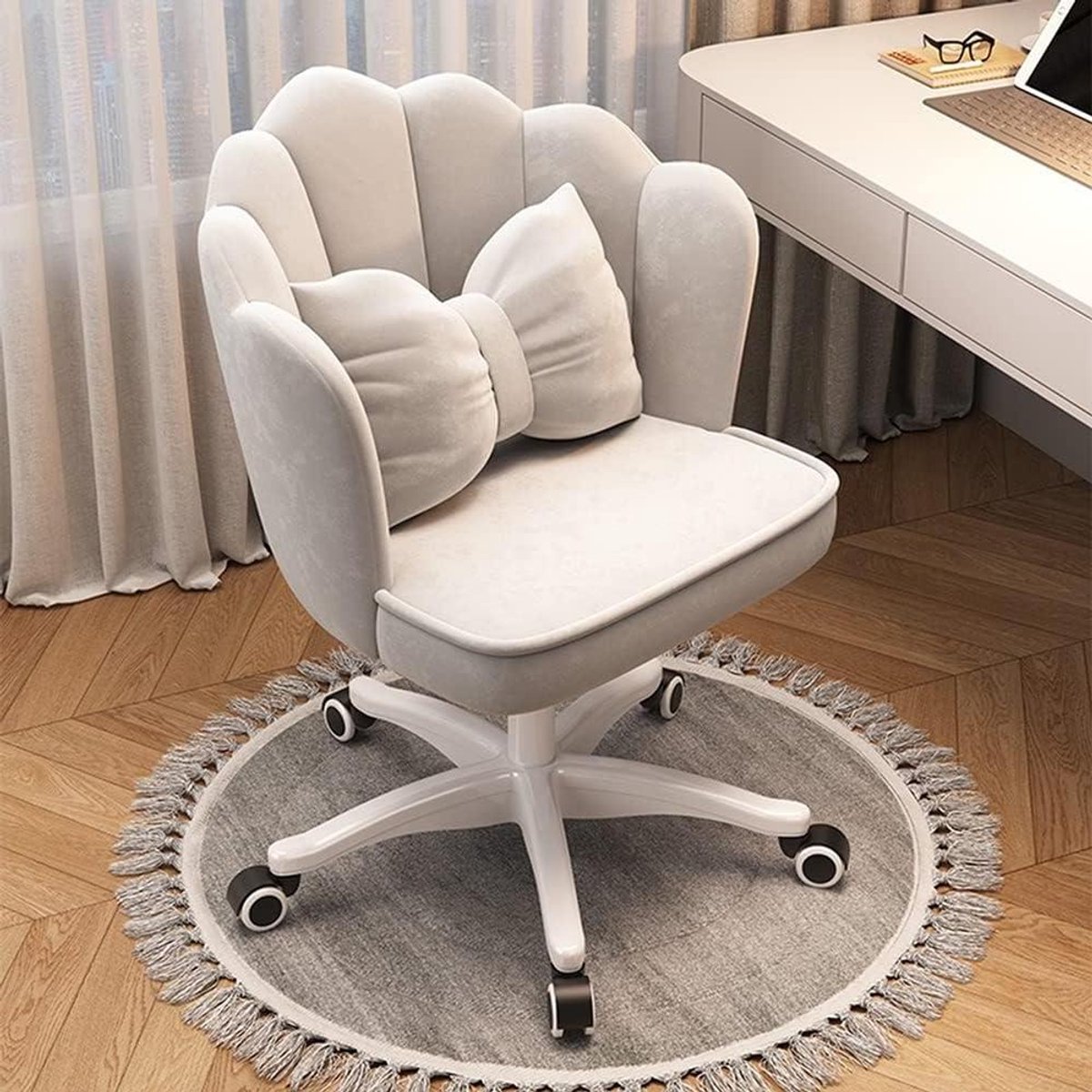 Fluwelen Bureaustoel - Meisjeskrukje Kaptafel - Make-up Aanbrengen - Bloemblaadjes Design - Zitting 43 cm - Beige