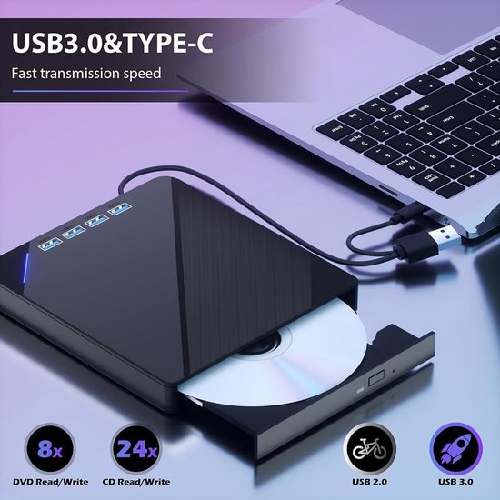 Externe CD/DVD-schijf - Lezer Brander - Bestanden Overzetten - Met Kaartlezers - USB 3.0 - Zwart — afbeelding 5