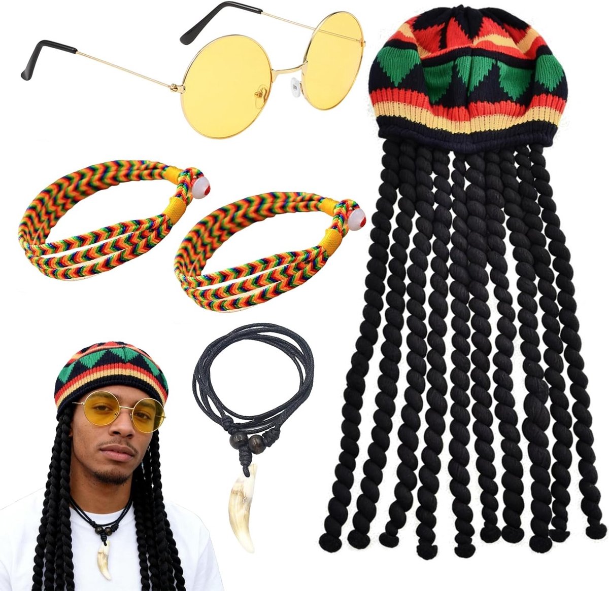 Gevlochten pruik hoed voor feestelijke gelegenheden, inclusief gele bril, armbanden en ketting voor een complete look