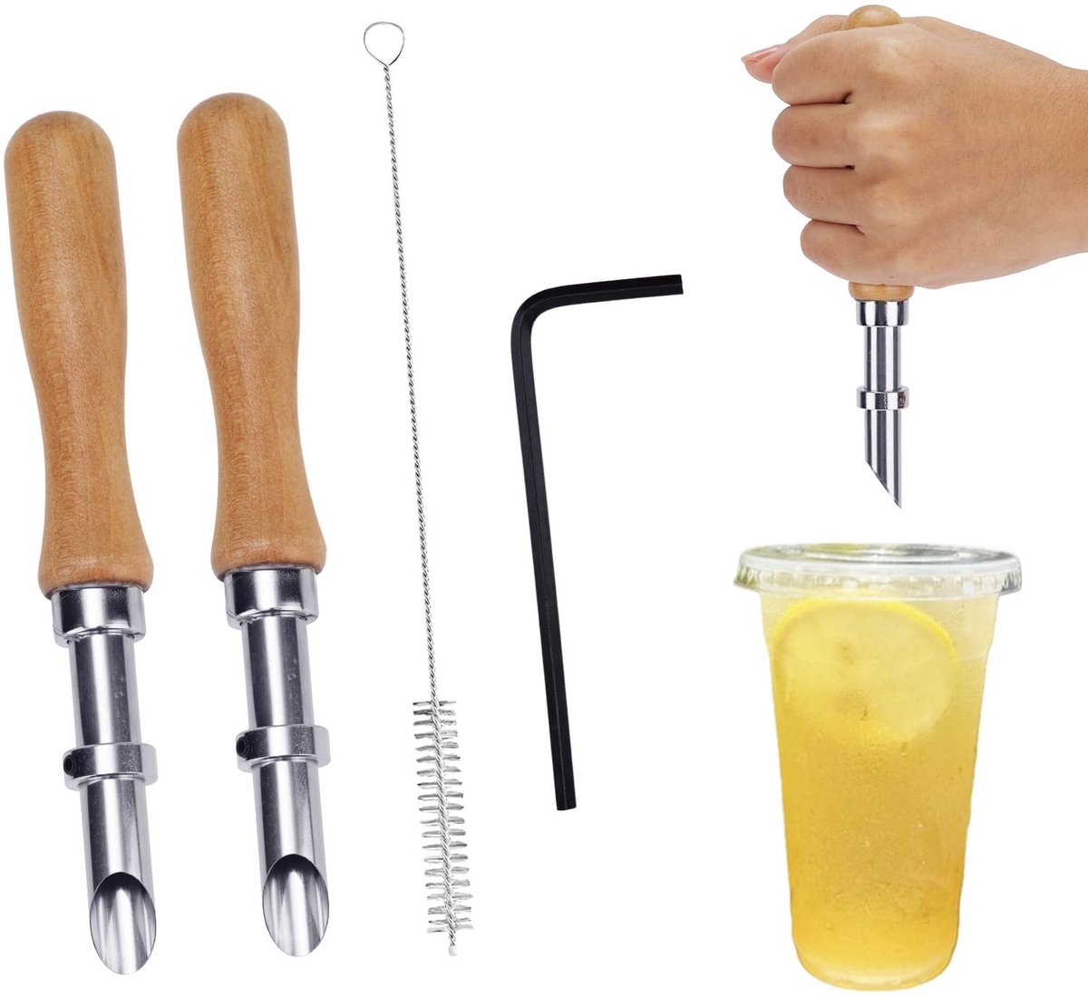 Dailygoods - Dailygoody - Straw Hole Puncher Set - Houten Handvat - Perfect voor Drankbekers - 2 Stuks - Handig Gereedschap - Creatief Knutselen - Ideaal voor Thui..