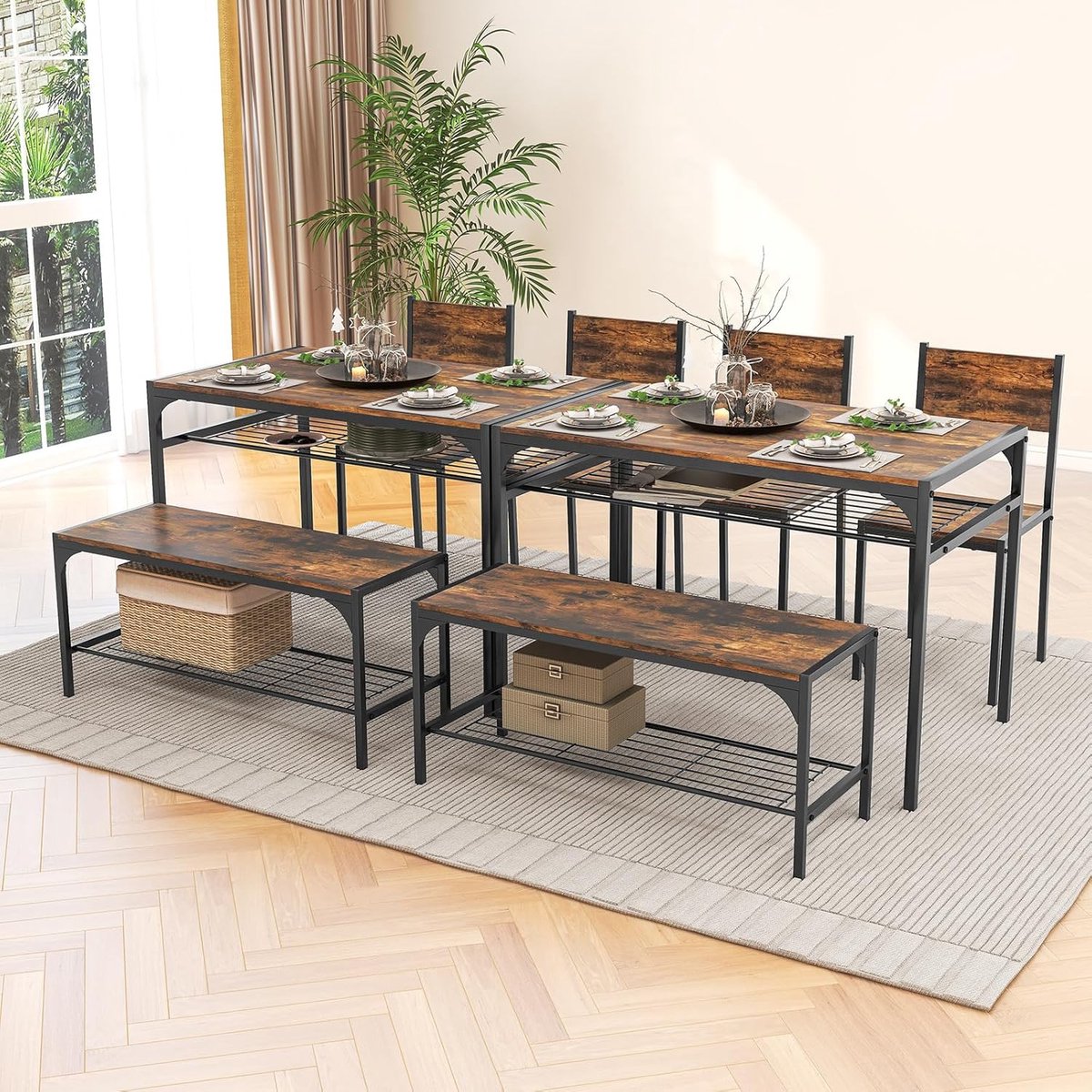 RusticLoft ComfortDining 4-delige Eettafelset met Bank, 2 Stoelen en Opbergrek 110 x 65 x 76 cm – Industriële Keuken- en Eetkamerset met Metalen Frame – Koffie