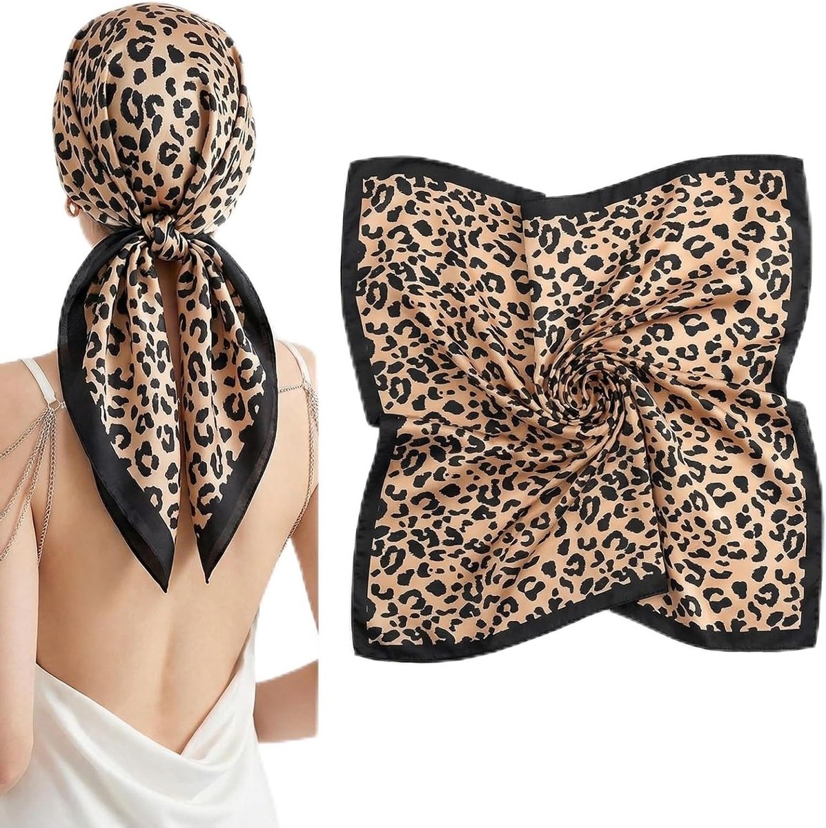 Elegante zijden sjaal voor dames met luipaardpatroon, zachte halsdoek en trendy bandana, 70 x 70 cm