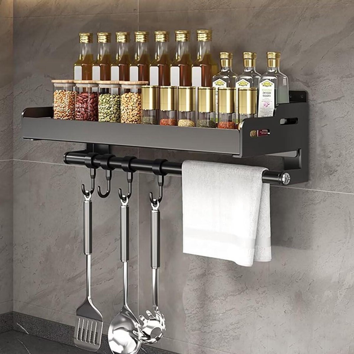 Kruidenrek - Opbergplank - Keuken Organiseren - Flexibele Montage - 30cm - Zwart