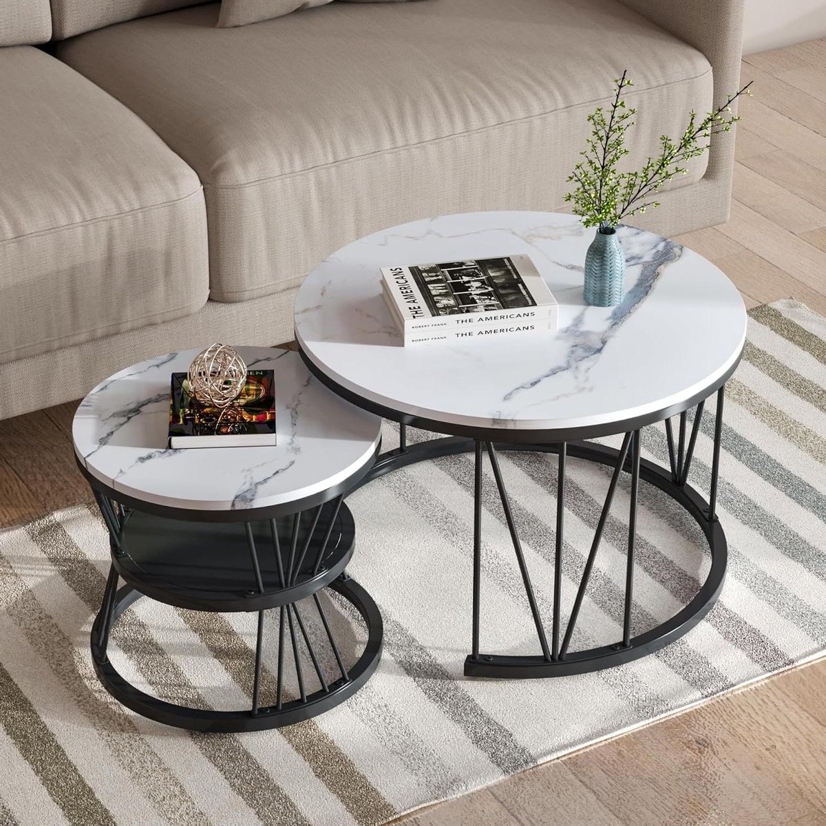 Set bijzettafels - Ronde tafels - Woonkamer inrichten - Marmerlook design - 70x70x45 cm -