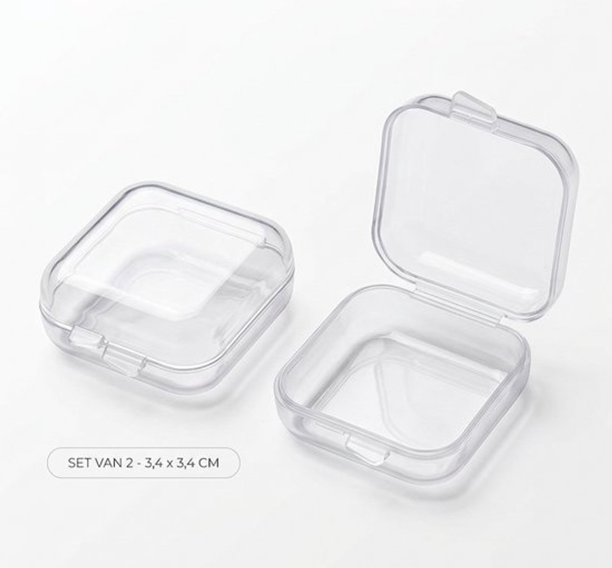 Set van 2 transparante plastic opbergdoosjes met kliksluiting 3,4×3,4 cm