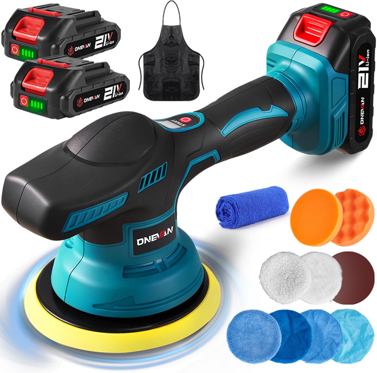 ONEVAN Draadloze Auto polijstmachine - 150mm polijstplaat - 8 variabele snelheden - met 2× 21V 1500mAh Batterijen - 13-delige Autopoetskit - voor Waxen, Polijsten & Lakherstel