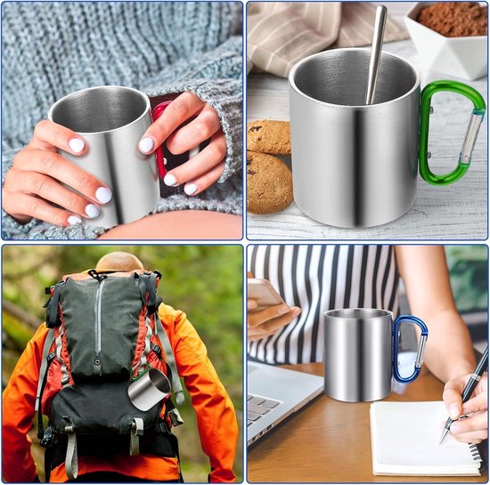 Koffie Mokken - Camping Bekers - Outdoor Reizen - Met Karabijn Haak - 3 Stuks 10oz - Wit — afbeelding 3