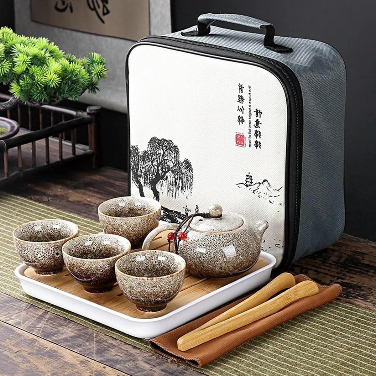 Theeset - Keramische Set - Thee Ceremonie - Draagbare Reis Set - 4 Kopjes - Wit