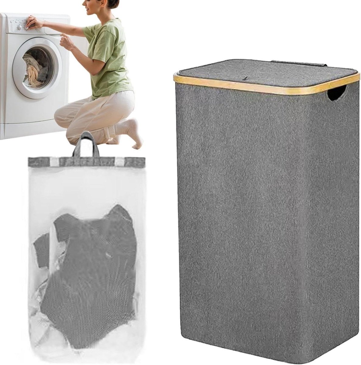 Smalle wasmand - Slanke mand - Ruimte organiseren - Met deksel - 105 liter - Grijs