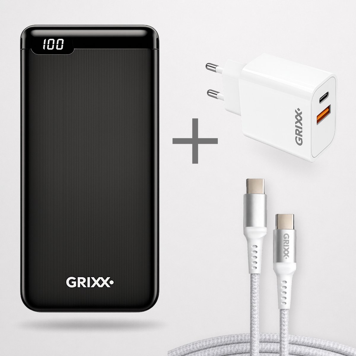 GRIXX Powerbank Bundel 20.000 mAh + USB-C Snellader 20W + USB-C Kabel 2 Meter – 18W Power Delivery – Noodpakket – Voor iPhone, Samsung & USB-C Smartphones – Zwart/Wit