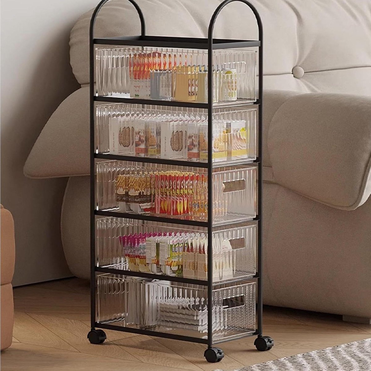Bijzettafel met wielen - Nachtkastje - Ruimte Besparen - Vijf niveaus - 34x18x85cm - Zwart