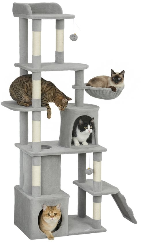 Grijze kattenboom met 4 katten, één in een mand, één in een hol, één kijkend en één op de grond.