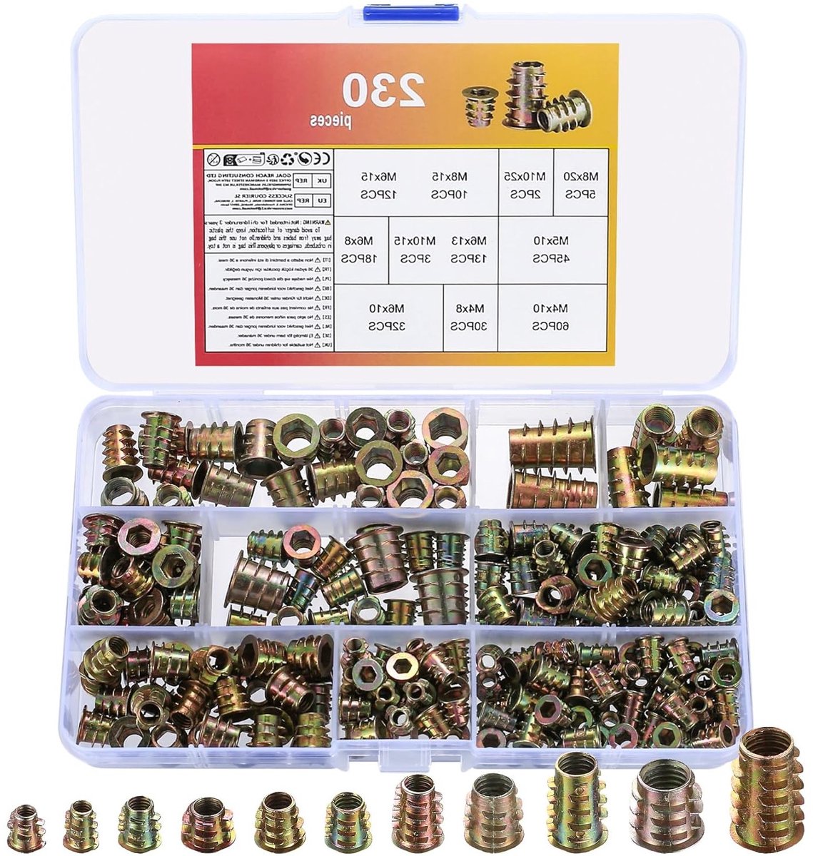 Complete Set van 230 Draadmoeren voor Hout M4 M5 M6 M8 M10 - Draadbus, Schroefmoeren en Zeskantmoeren voor Meubelprojecten