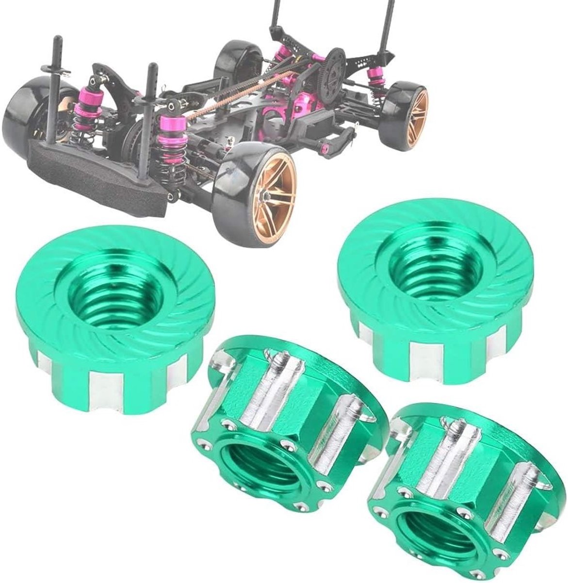 Set van 4 M4 Zeskantmoeren 9mm voor RC Wielen - Adapter, Antistofkap en Vervangingsonderdelen voor 1/10 RC Auto's (Groen)