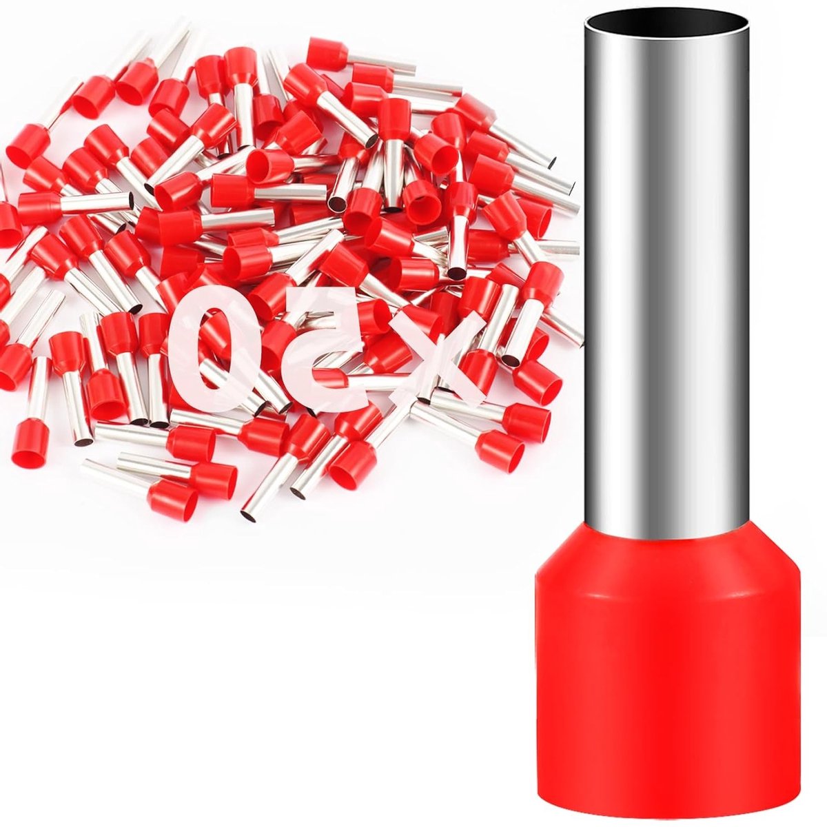 50 Stuks Cord-End Ferrules 10mm² - Partieel Geïsoleerde PVC Kabelverbinder van Verzilverd Koper voor Elektrische Toepassingen