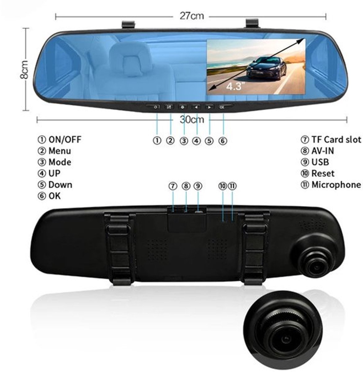 Dashcam voor Auto - 4.3 Inch - Full HD 1080P Auto Rij Recorder - Achteruitkijkspiegel DVR - Nachtzicht, Bewegingsdetectie, Parkeermodus - 6M Achteruitrijcamera - Zonder Geheugenkaart - Zwart