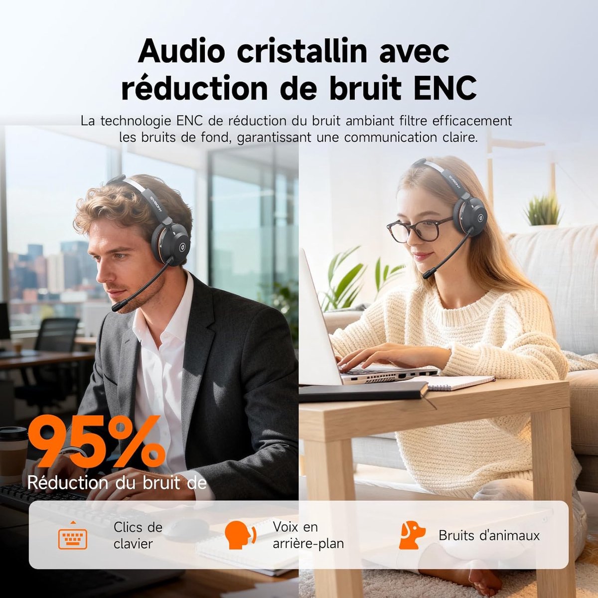 Draadloze Headset - Kantoor Headset Vergader Headset - Thuiswerken en Bellen - ENC Ruisonderdrukking - 48 Uur Batterij - Zilvergrijs thumbnail 4