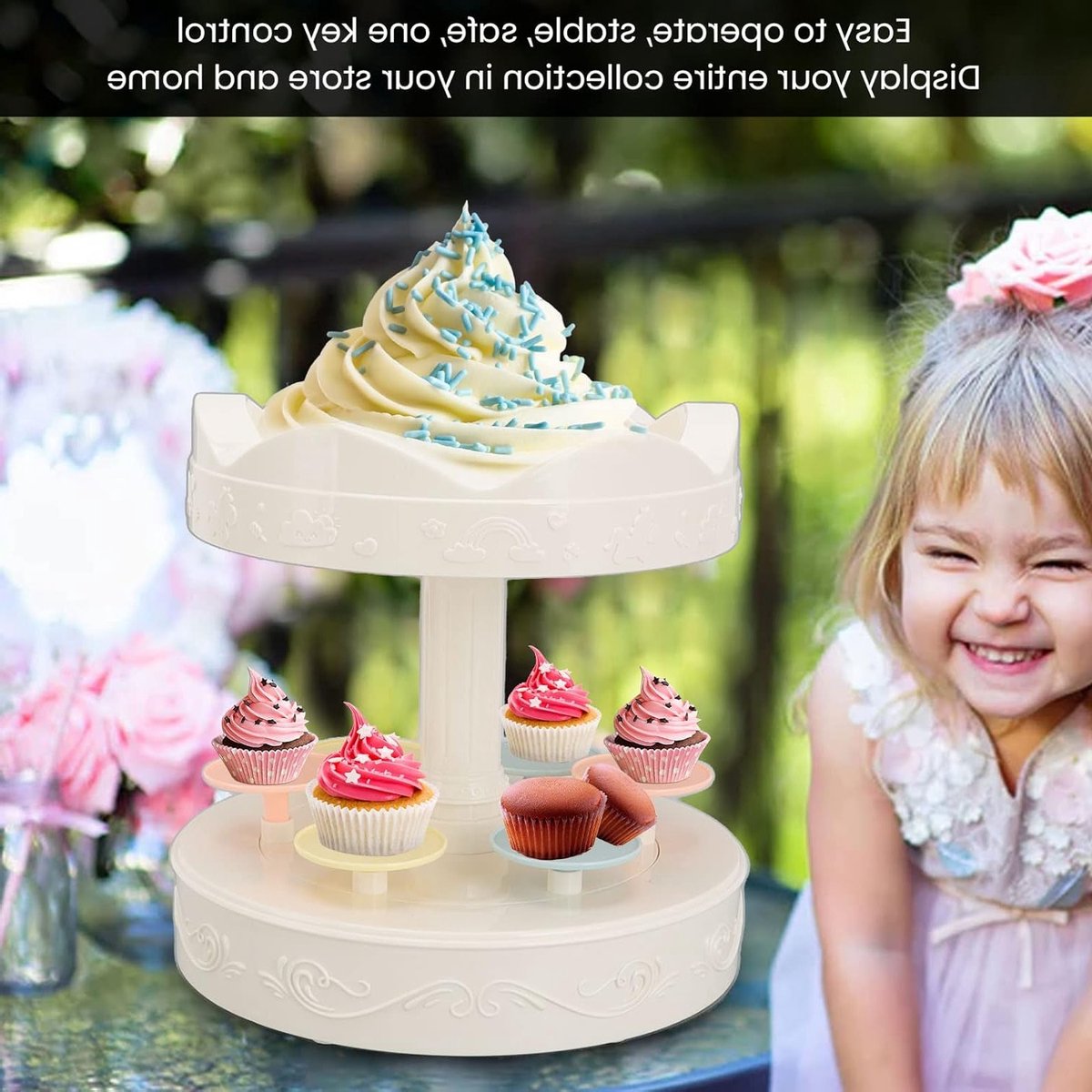 Dubbele Laags Cupcake Stand met 360° Rotatie, 6 Lades en Eén Knop voor Feestjes, Bruiloften en Verjaardagen - Perfect voor Desserts en Decoratie