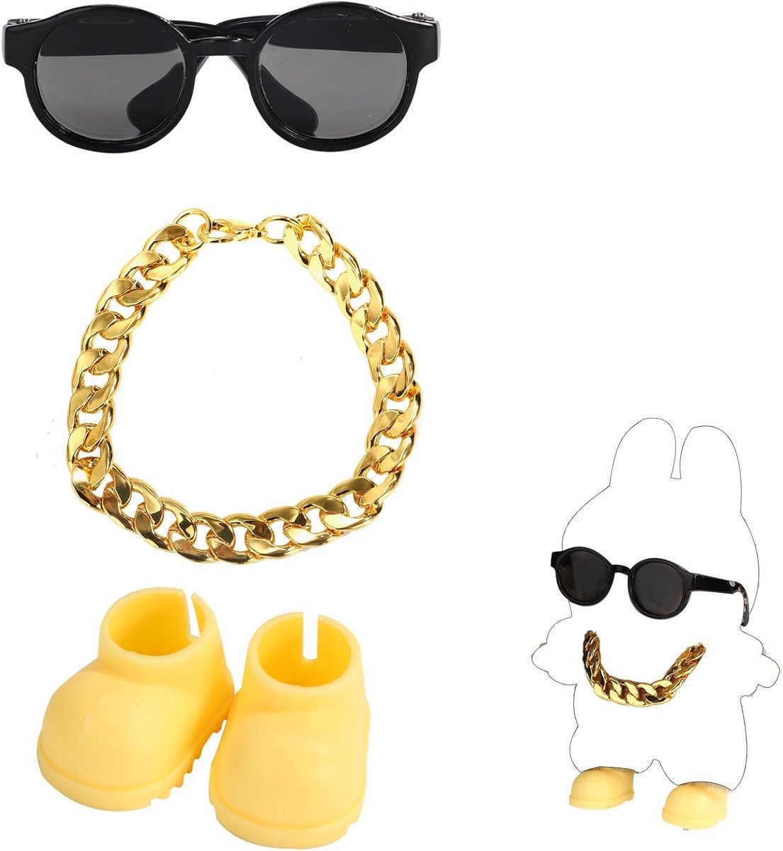 Mode kleding set voor poppen met trendy zonnebril, gouden ketting en schattige gele schoenen accessoires