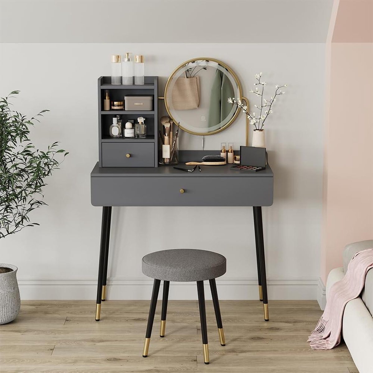 Kaptafel met Kruk - Make-uptafel Schminktafel - Styling en Organisatie - LED Spiegel met 3 Kleuren - 90 cm Breed