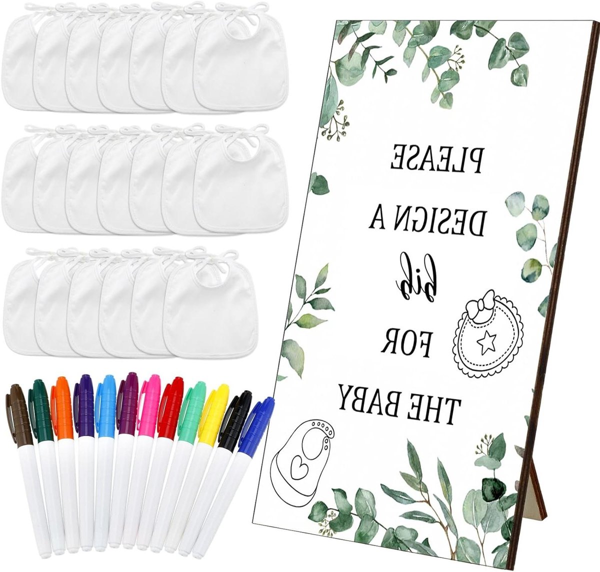 Babyshower Slabbetjes Spel - Decoratie Slabbetjes Babyshower - Babyshower Activiteit - Houten Bord Inclusief - 30 Stuks - Wit