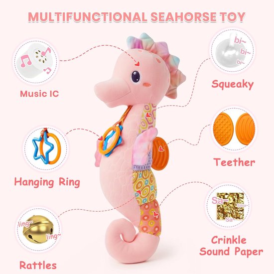 Babyspeelgoed Zeepaardje - Knuffeldier Rammelaar - Baby Ontwikkeling Stimuleren - Meerdere Geluiden Texturen - 19.8 cm - Roze — afbeelding 4