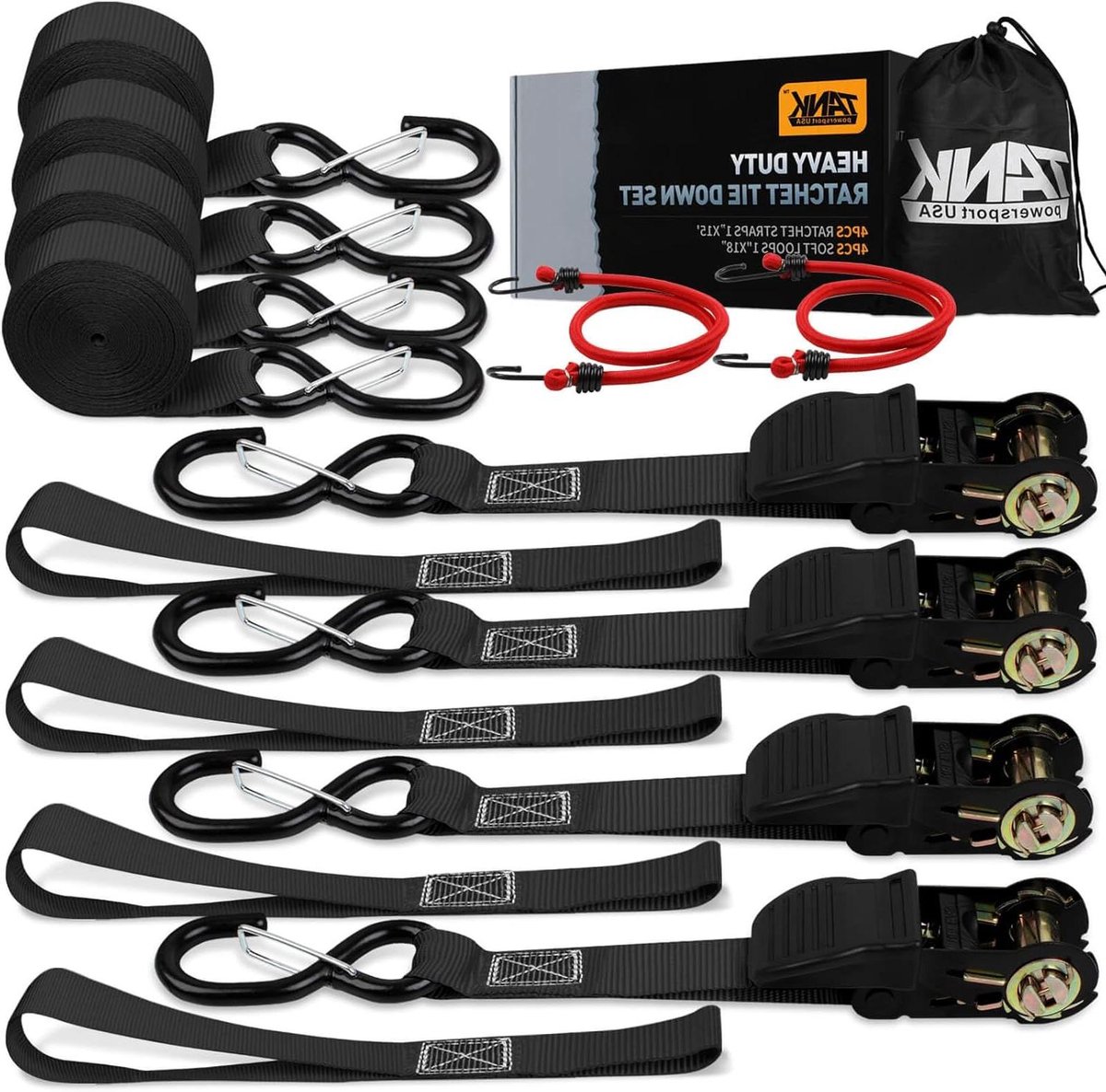 Ratelbanden Set - Spanbanden Vastzetten - Vracht Vervoeren - 1650 LBS Treksterkte - 1 inch breed - Zwart