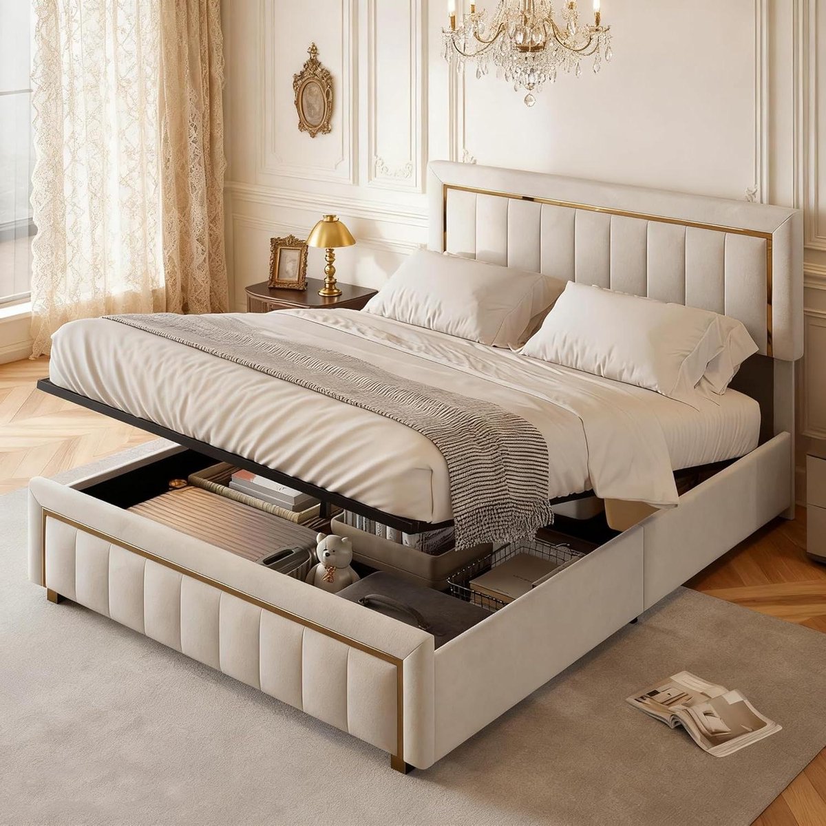 Tweepersoonsbed - Gestoffeerd bed - Opbergen - Hydraulische lift-up - 140x200 cm - Beige