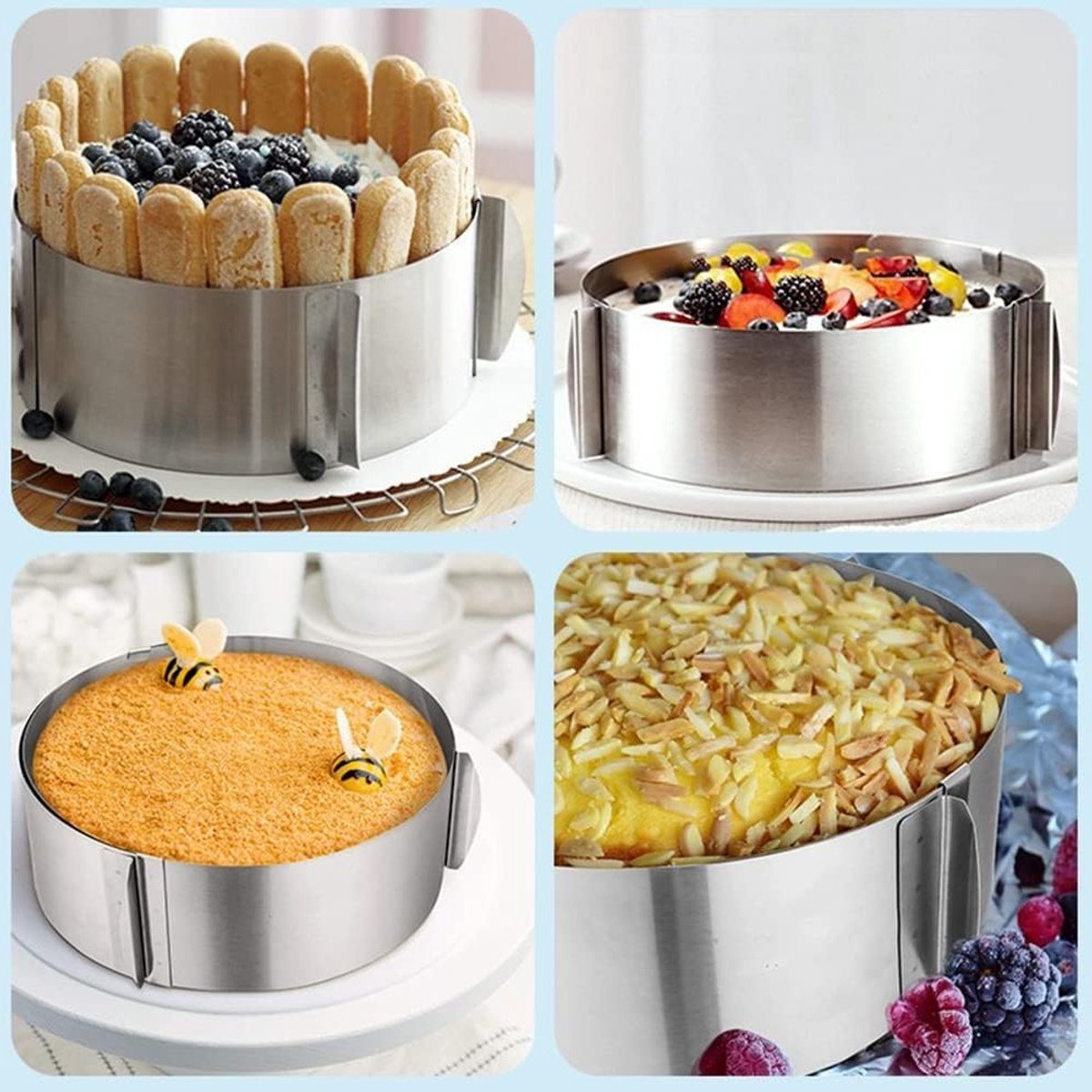 Verstelbare Taartvorm van RVS, Rond voor Bakken, Mousse Ring met Kom, 16-30 cm, Hoogte 8.5 cm, Ideaal voor Taarten en Desserts