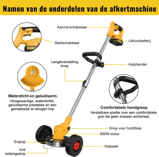 CONENTOOL 5-in-1 Accu Grastrimmer 21V 650W - Draadloze Grasmaaier met Hulpwielen - Incl. 2 Accu's - Geel van Merkloos	 — afbeelding 3