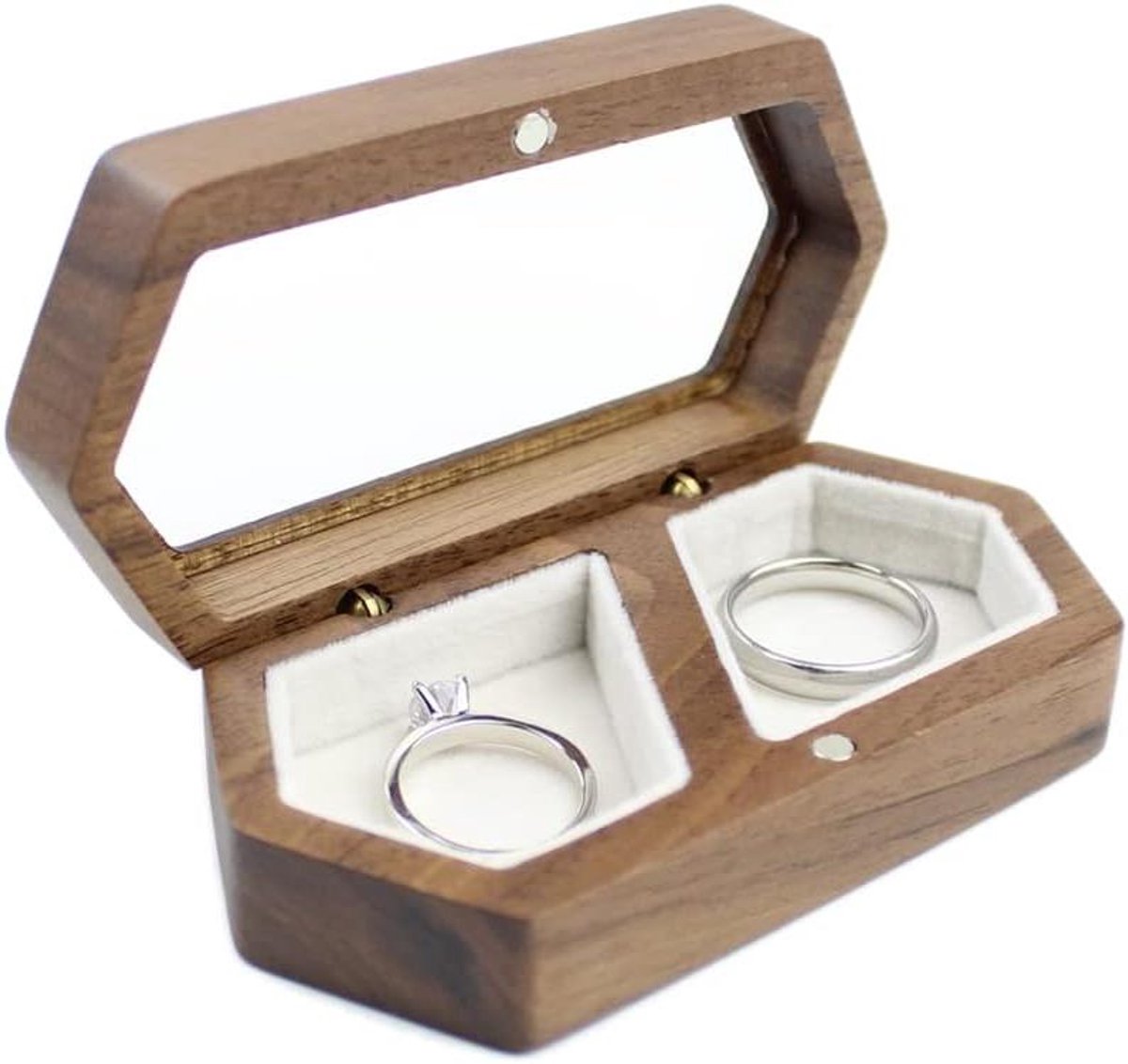 Houten Ringendoos - Juwelendoosje Bruiloft - Ringen Presenteren - Dubbele Houders - 10 cm x 5 cm - Walnoot