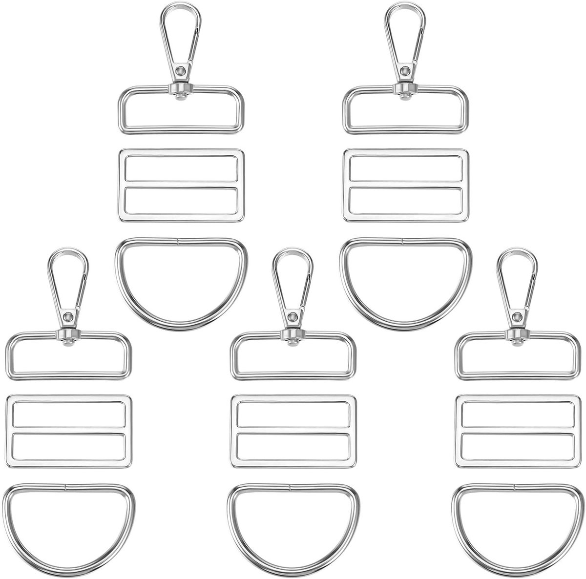 Set van 15 Metalen Gespen, Draai Sluiting, D-Ringen en Driehoekige Glijgespen voor Naaiaccessoires, Hondenhalsbanden, Tassen en Riemen