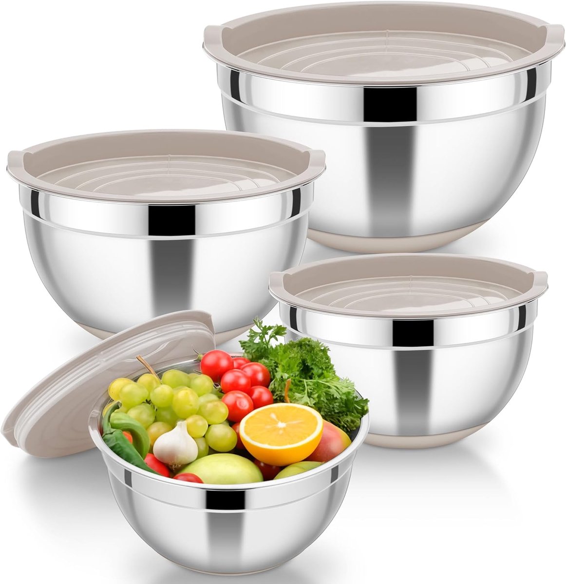 4-piece stainless steel mixing bowl set with airtight lid - silicone base - ideal for cooking baking storage - stackable dishwasher-safe - 4.6 L 2.8 L 1.5 L 0.7 L