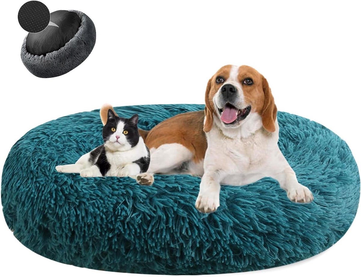 Hondenbed Donut - Kattenmand Pluche - Comfortabel Rusten - Verhoogde Rand - Ø 110 cm - Cyaan
