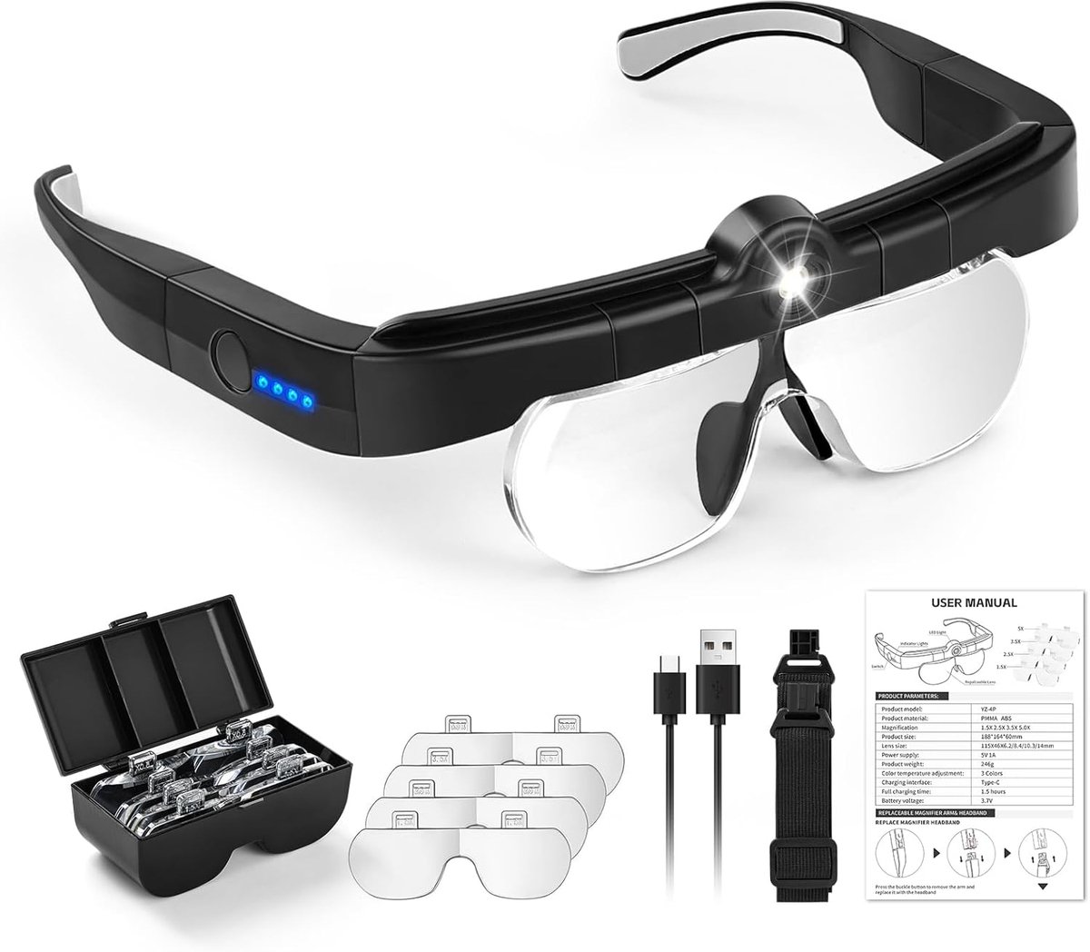 Magnifying Glasses met Licht - LED Headband Magnifier - USB Oplader - 3 Verstelbare Helderheden - Loupe Bril voor Brildragers - Hoofd Loupe voor Juweliers - Lezen voor Ouderen - 5 Lensen (1.5x tot)